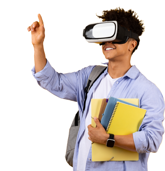 Um estudante com livros na mão na sessão de boas vindas do site